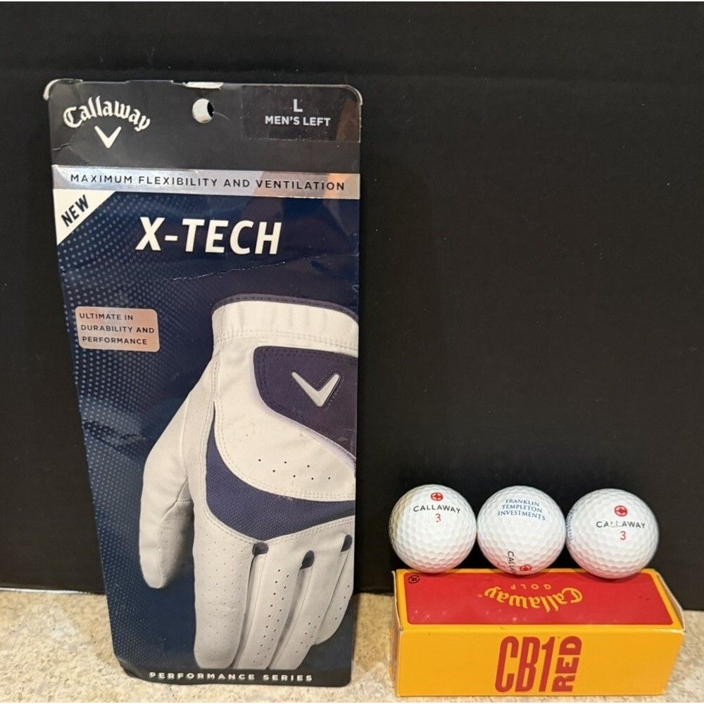 Callaway Golf Bundle X-Tech Glove Mens Left Large + 2 Sleeves CB1 Red Golf Balls - Picture 1 of 8